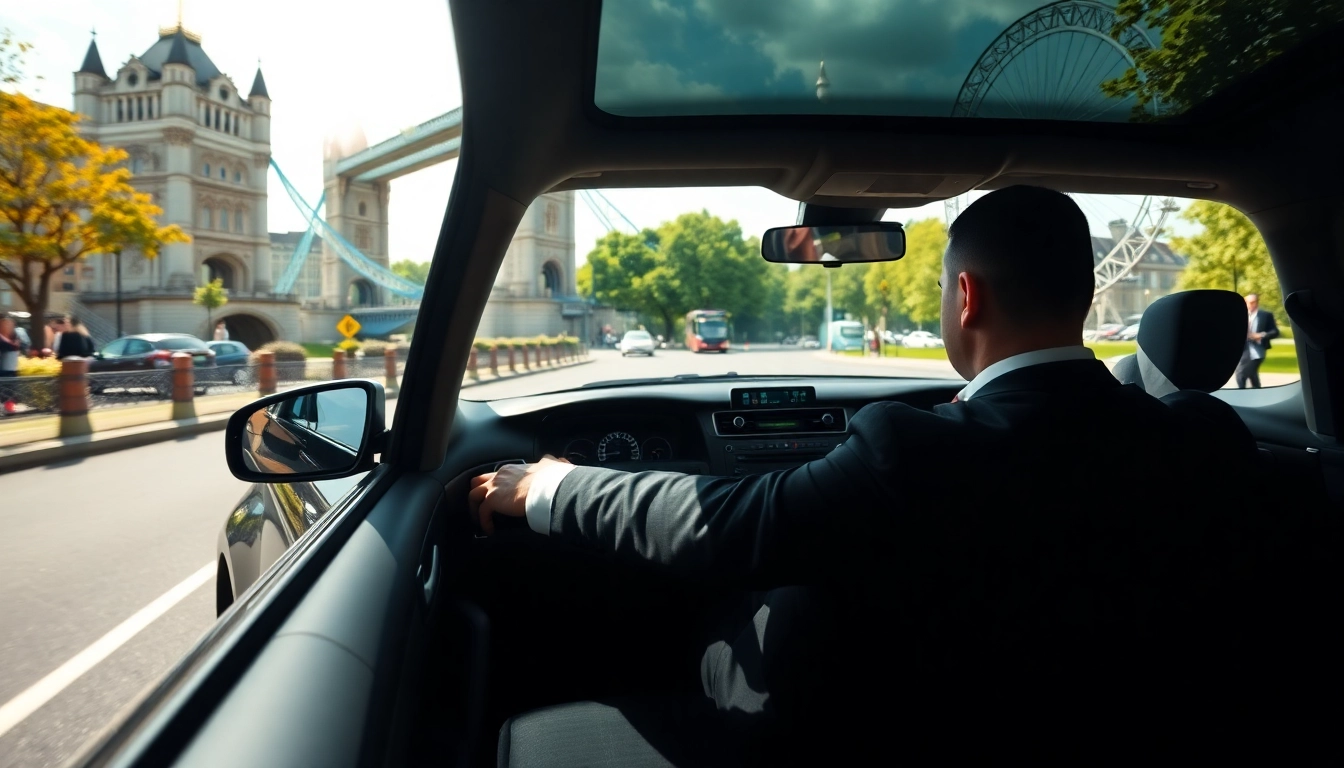 Professional london chauffeur in a luxury car navigating through iconic London sights.