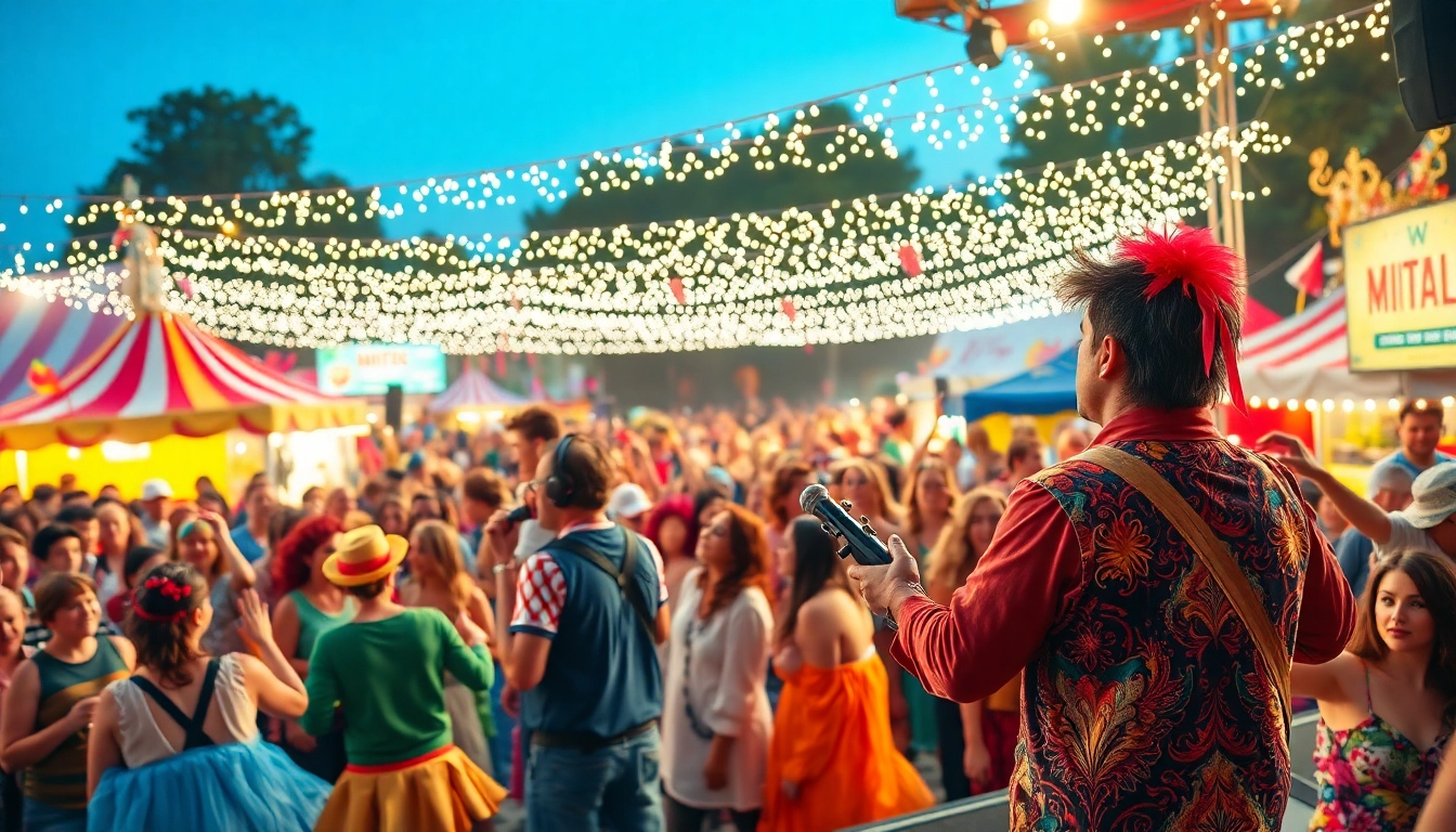 Engaging performers at a festival representing entertainment services with vibrant costumes and lively atmosphere.