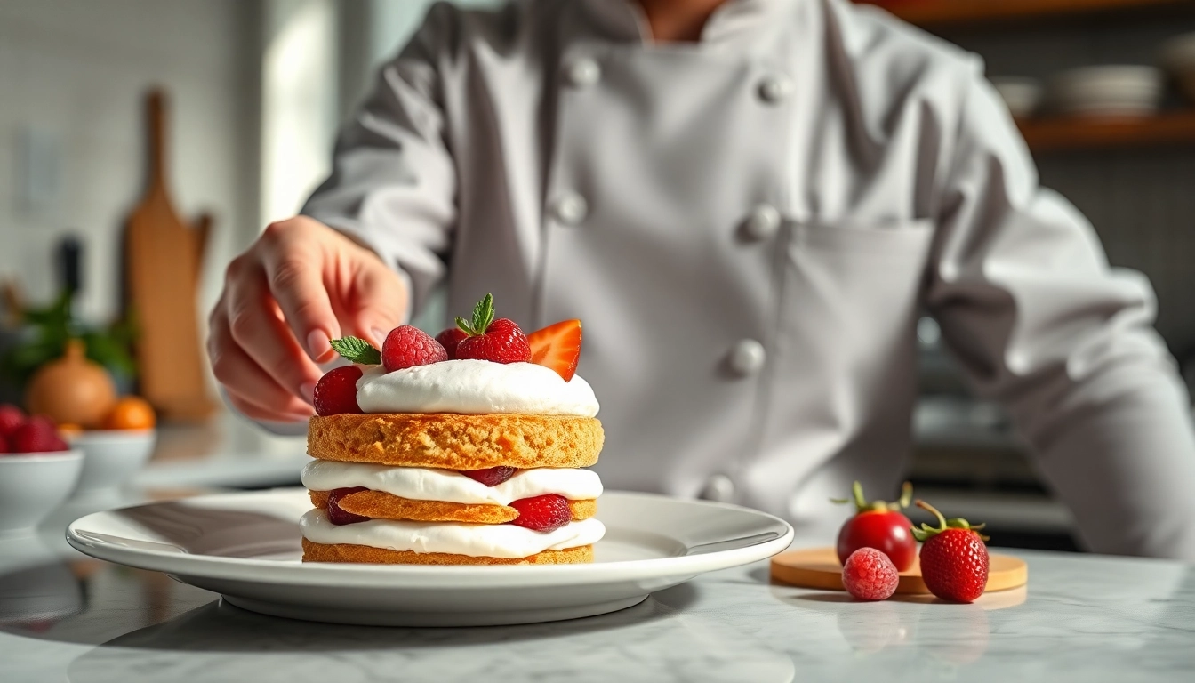 Mousseline cream presentation on a delicate dessert plate met verse fruit en een elegante uitstraling.