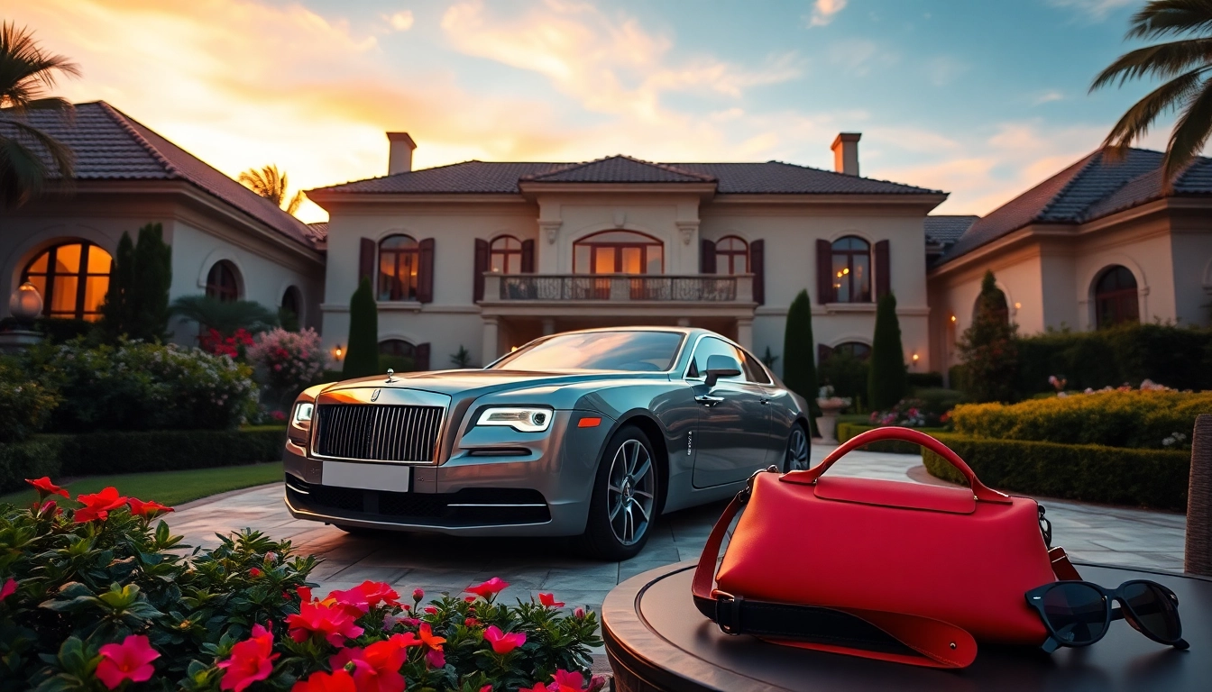 Disfruta del lujo con luxury12, un coche elegante frente a una villa soleada.