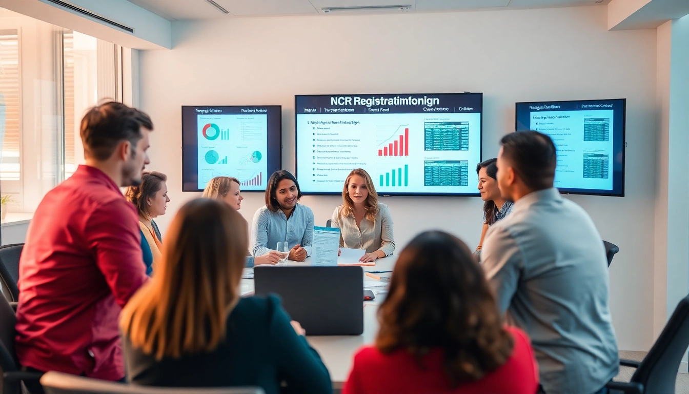 NCR Registration discussion among professionals in a bright meeting room setting.