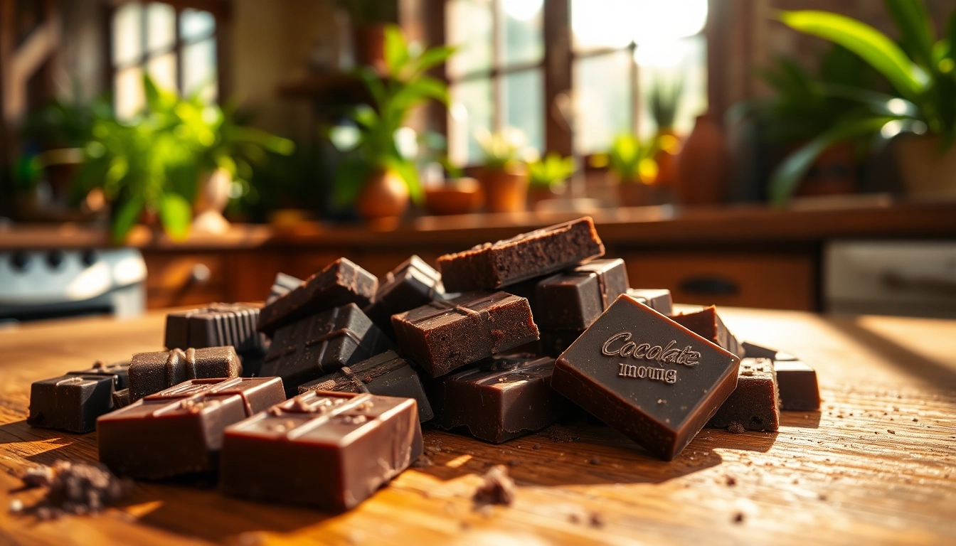 Indulge in chocolate edibles 1000mg beautifully arranged on a wooden table amidst a cozy kitchen setting.