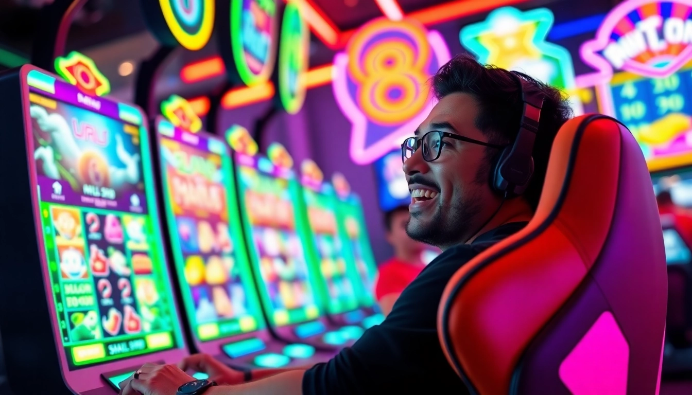 Main player engaging in the mild88 slot game, showcasing excitement in a vibrant gaming environment.